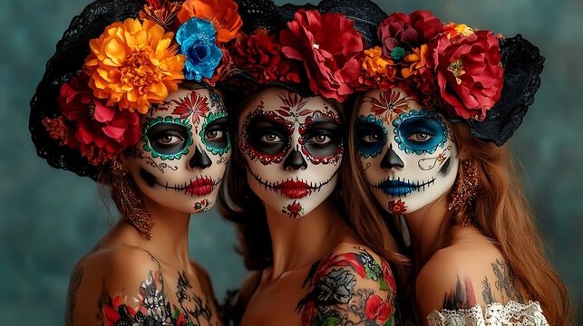 Grupo de tres catrinas hermosas para el Dia de los Muertos