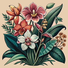 Classic Vintage Floral Art of Blooming Orchids in Elegant Style