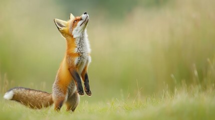 Red fox standing in tall grass, looking upward