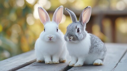 Two adorable rabbits, one white and one gray, sit on weathered planks in soft light