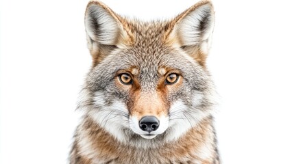 Fototapeta premium Up-close portrait of a coyote's face showing keen eyes and detailed fur against white