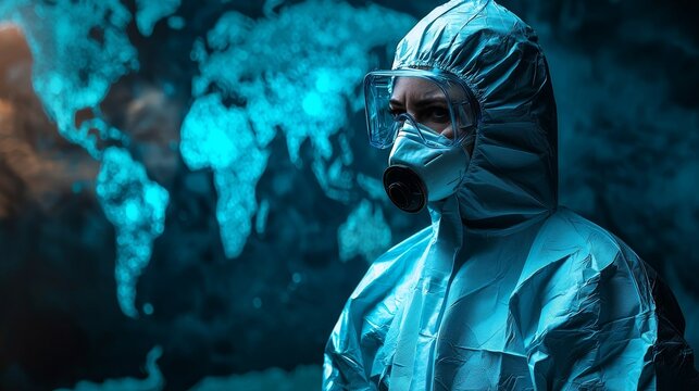 Healthcare professional in protective gear global health crisis portrait photography dark environment close-up safety awareness