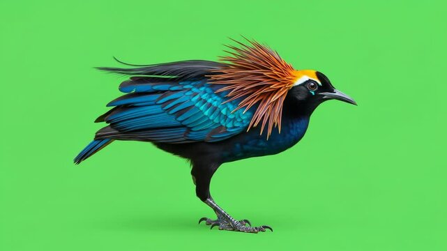 Exotic crowned bird bowing down on green screen