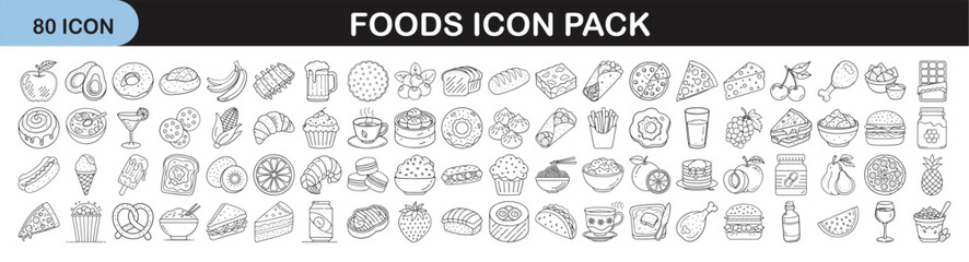 Hand-Drawn Food Icon Set with 80 Elements - Collection of 80 outlined food icons including fruits, drinks, desserts, and meals. Perfect for menus, apps, or design projects.