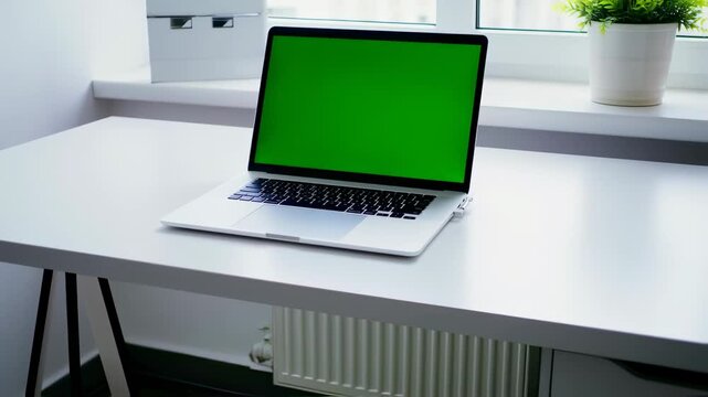 Green Screen Laptop on White Desk Near Window