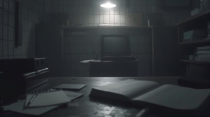 Eerie, dimly lit office space evoking a sense of mystery and abandoned investigation awaiting