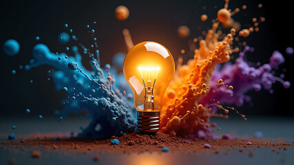 Explosive Colorful Paint Burst from Glowing Lightbulb on Dark Studio Background