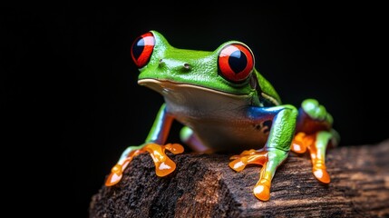 Fototapeta premium Bright green frog with striking red eyes perches on a textured, dark wood surface