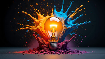Glowing Lightbulb Exploding in Vibrant Paint Splatter on Dark Background