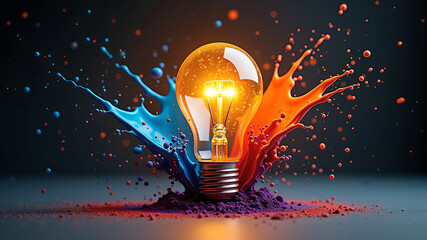 Explosive Colorful Paint Burst from Glowing Lightbulb on Dark Studio Background