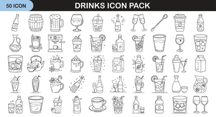 Hand-Drawn Drink Icons for Beverage Design - Set of 50 hand-drawn drink icons featuring coffee, cocktails, juices, wine, soda, and tea. Ideal for menus and branding.