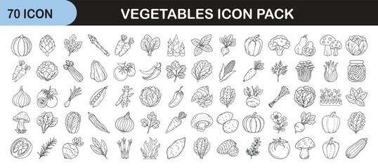 Hand-Drawn Vegetable Icon Set for Design Use - Collection of 70 hand-drawn vegetable icons in outline style, perfect for healthy food, nutrition, menu, or farming-themed designs.