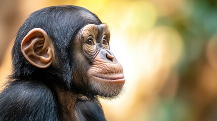 Young chimp, profile view, soft focus background
