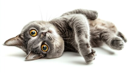 Gray cat on back, gazing upward with wide, golden eyes, on a stark white surface