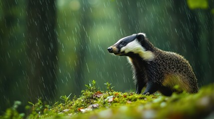 Badger in a misty forest during a rain shower