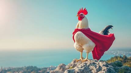Rooster in red cape stands on a rocky hill against a light-blue ocean background