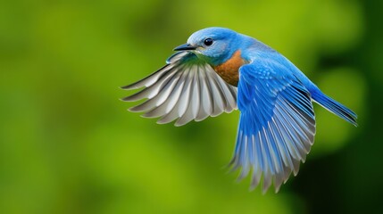 A vibrant bluebird soars through a lush green forest