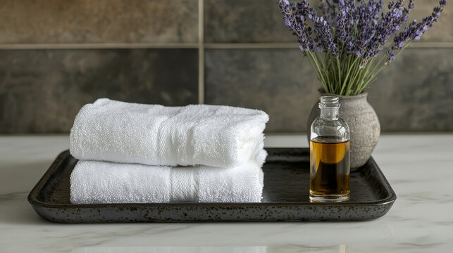 A soothing spa scene rolled towels lavender and serum, care products 