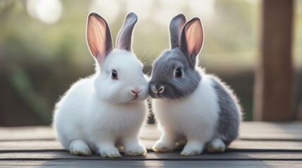Two small rabbits, one white and one gray, snuggle outdoors on weathered boards