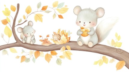Watercolor rodents sitting on autumnal tree branch, holding acorn, nest of falling leaves