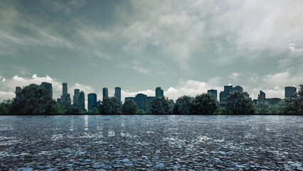 Obraz premium A slightly desaturated view of a metropolitan skyline under a dramatic, cloudy sky, with a textured ground in the foreground and sparse greenery. Evokes a classic, slightly moody urban atmosphere
