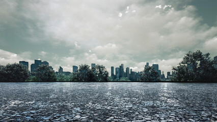A slightly desaturated view of a metropolitan skyline under a dramatic, cloudy sky, with a textured...