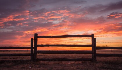 Sunset paints the prairie sky in fiery hues, silhouetting a rustic wooden fence against the vibrant colors.