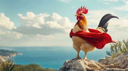 Rooster with red cape atop rocky outcrop, overlooking coast under cloudy blue sky