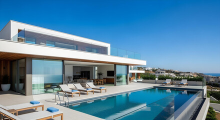 Obraz premium Modern summer villa with infinity pool and rooftop terrace view 