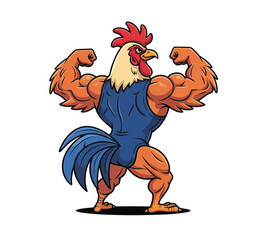 Cartoon Rooster with Large Muscles Flexing in Red and Blue