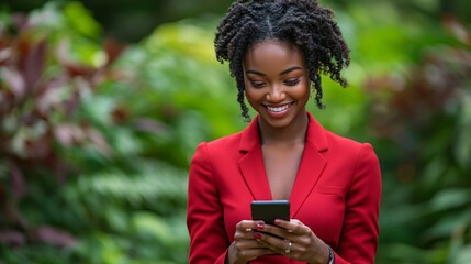 smiling african american woman in red blazer using smartphone outdoors in lush green park