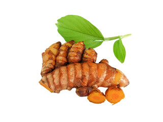 Fresh cut turmeric root and green leaves isolated on white background. Turmeric is a spice and can be used as medicine. High resolution image. Turmeric is a natural herbal plant.