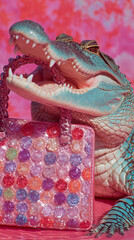 Colorful crocodile holding beaded gem handbag surreal fashion concept y2k style vibrant pop art vertical quirky humor character design creative youth aesthetic pink purple trend editorial background