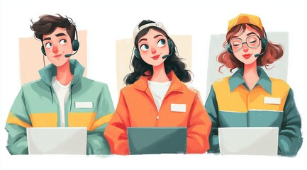 Customer Service Representatives in Work Uniforms with Headsets and Laptops