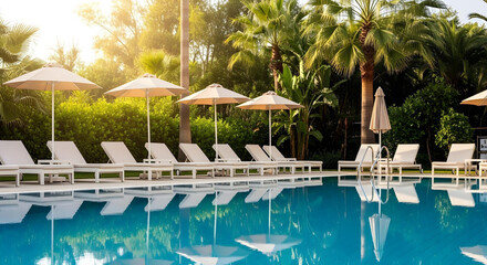 Poolside loungers with umbrellas and palm trees at luxury hotel
