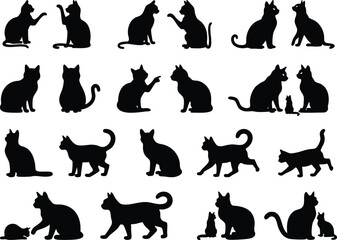 Cat Silhouettes Vector Illustration, perfect for Halloween, cat lovers. Features various cat poses, paw prints. Ideal for pet, 