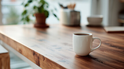 Fototapeta premium Minimalist wooden desk with coffee cup, a serene workspace for focused productivity