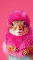 Stylized squirrel fluffy pink coat surreal animal fashion humor concept pop art vertical vibrant background character design whimsical fun cute creative mascot children trend editorial space backdrop