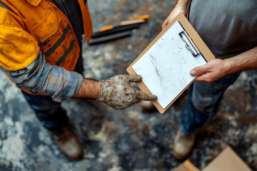 A construction worker in an orange vest points to a blank clipboard held by another person.