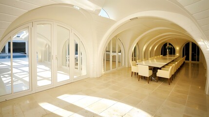 Obraz premium Elegant vaulted architecture featuring a spacious dining area bathed in natural light providing a