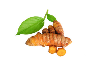 Fresh cut turmeric root and green leaves isolated on white background. Turmeric is a spice and can be used as medicine. High resolution image. Turmeric is a natural herbal plant.