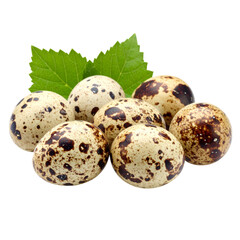 Obraz premium Seven speckled quail eggs arranged with two green leaves placed behind them.
