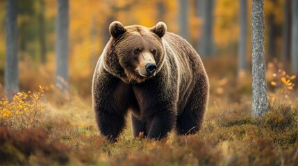 Fototapeta premium Large brown bear stands in colorful forest meadow during autumn, looking right