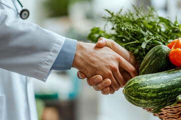 A doctor in a white coat and another person are shaking hands near a basket of fresh vegetables. Concept of healthy lifestyle