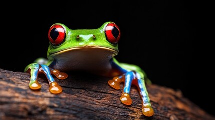 A vibrant red-eyed tree frog perched atop a rough log, against a black background