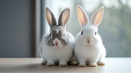 Fototapeta premium Two bunnies, one grey and white, one white, sit side-by-side on a wooden surface