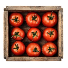 Fresh Red Tomatoes in Wooden Crate, Isolated on White Background, Top View