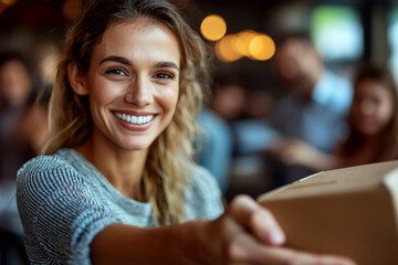 Smiling woman in a cozy setting hands over a gift, with a blurred group of people in the background. Concept of joyful giving and social interaction. For smiling photo.