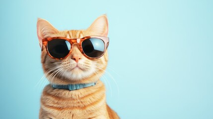 Ginger tabby cat wears sunglasses & blue collar against a solid light blue backdrop