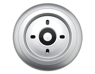 Sleek silver circular device component showcasing a modern design with precise central and peripheral openings.